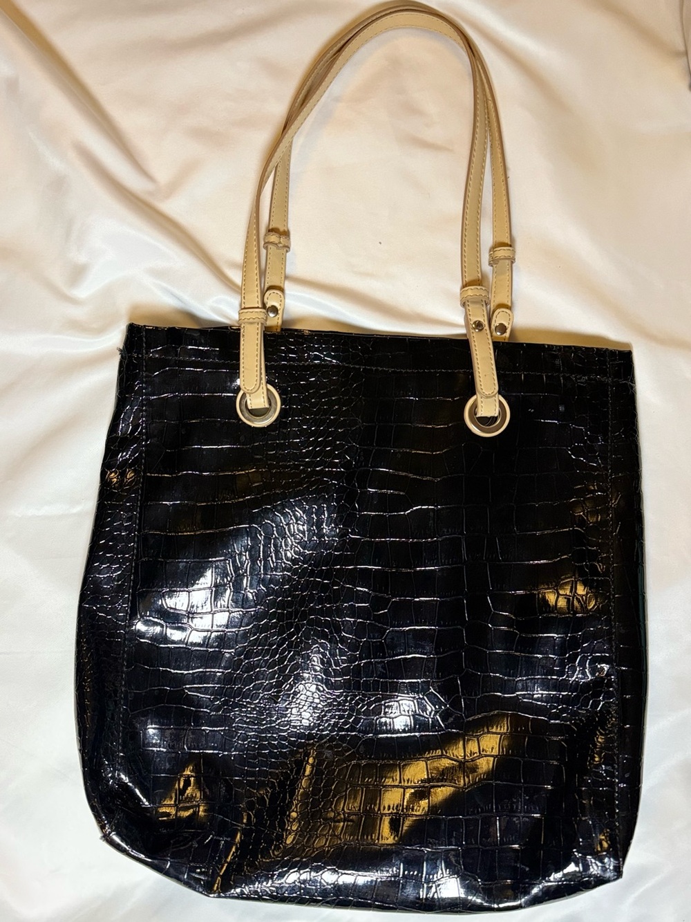 Black Croc-Embossed Tote with Cream Handles